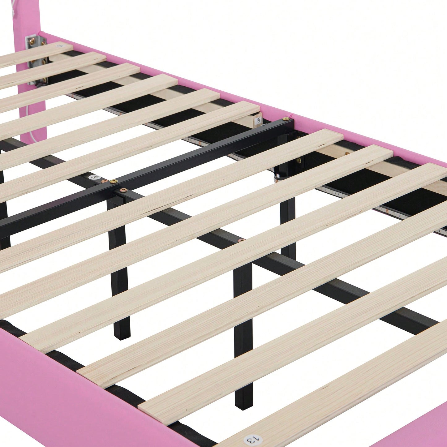 Modern Twin Upholstered Bed Frame With LED Lights And Crown Headboard In Pink And White For A Stylish Princess Bedroom