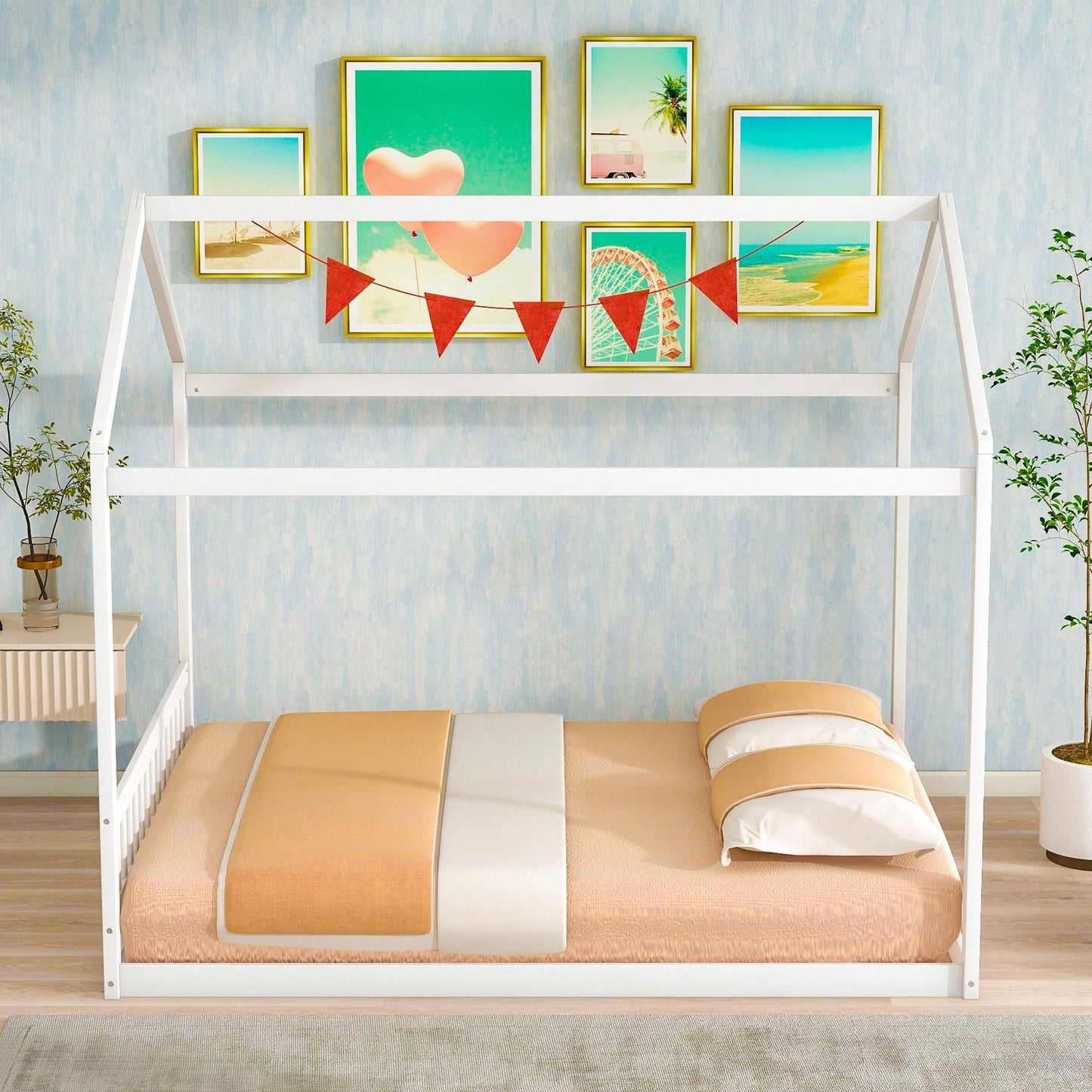 Elegant White Wooden House Bed With Headboard For Kids' Bedroom