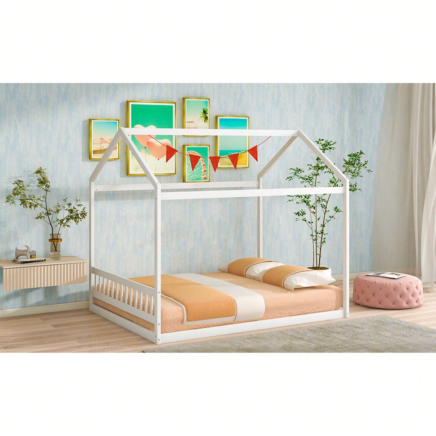 Elegant White Wooden House Bed With Headboard For Kids' Bedroom