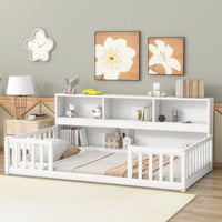 Twin Floor Bed With Integrated Bookcase And Guardrails In White Finish