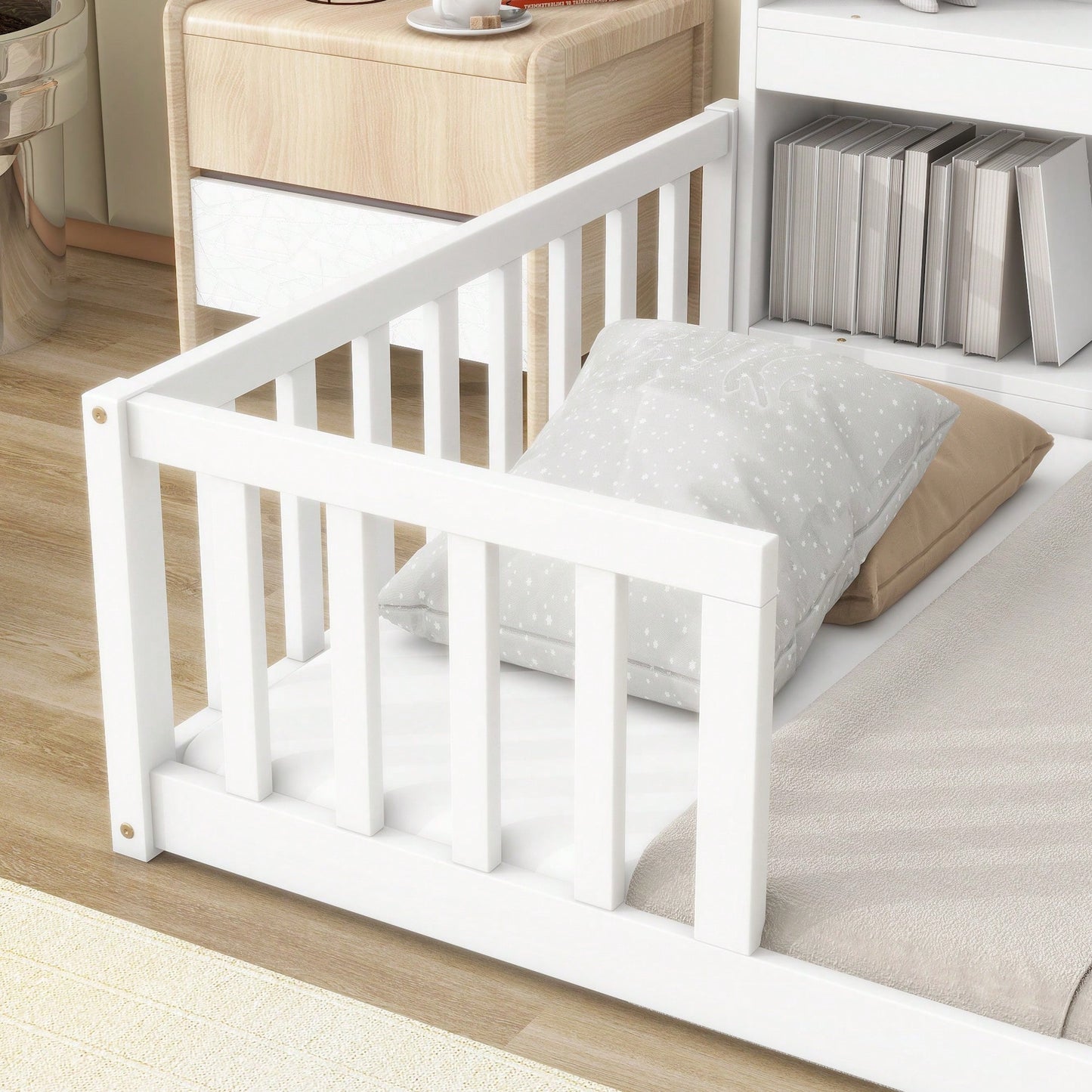 Twin Floor Bed With Integrated Bookcase And Guardrails In White Finish