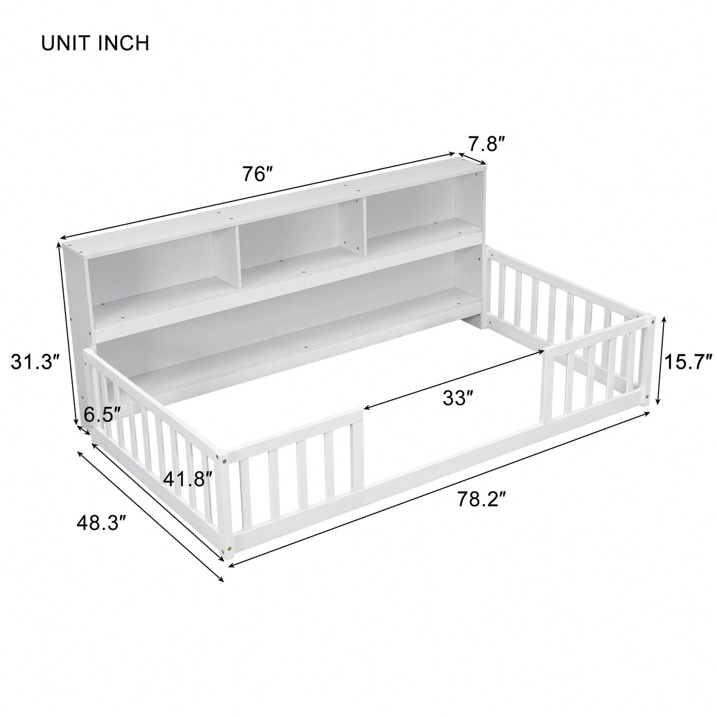 Twin Floor Bed With Integrated Bookcase And Guardrails In White Finish