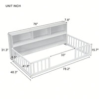 Twin Floor Bed With Integrated Bookcase And Guardrails In White Finish