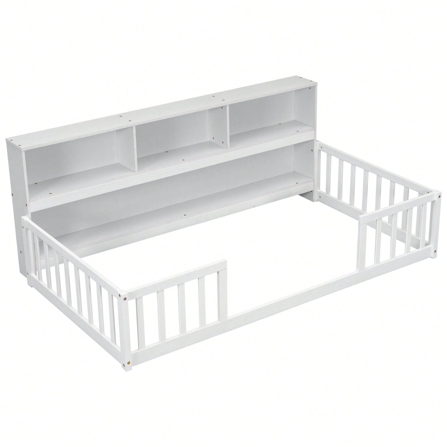 Twin Floor Bed With Integrated Bookcase And Guardrails In White Finish