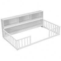 Twin Floor Bed With Integrated Bookcase And Guardrails In White Finish