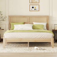 Queen Size Solid Wood Bed With Rattan Headboard And Support Feet In Oak White Finish