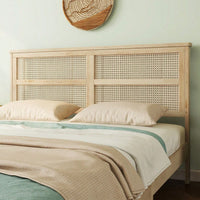 Queen Size Solid Wood Bed With Rattan Headboard And Support Feet In Oak White Finish