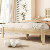 Queen Size Solid Wood Bed With Rattan Headboard And Support Feet In Oak White Finish