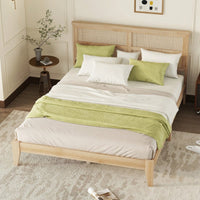 Queen Size Solid Wood Bed With Rattan Headboard And Support Feet In Oak White Finish
