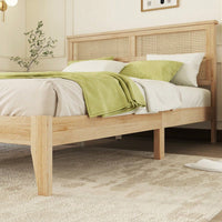 Queen Size Solid Wood Bed With Rattan Headboard And Support Feet In Oak White Finish
