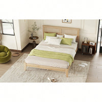 Queen Size Solid Wood Bed With Rattan Headboard And Support Feet In Oak White Finish