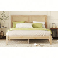 Queen Size Solid Wood Bed With Rattan Headboard And Support Feet In Oak White Finish