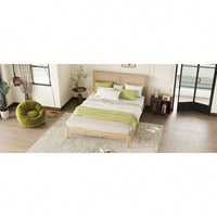 Queen Size Solid Wood Bed With Rattan Headboard And Support Feet In Oak White Finish