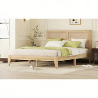 Queen Size Solid Wood Bed With Rattan Headboard And Support Feet In Oak White Finish