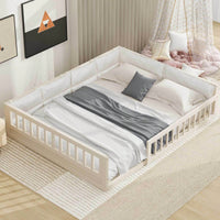 Full Size Upholstered Platform Bed With Guardrail And Pillow For Enhanced Comfort And Safety Beige