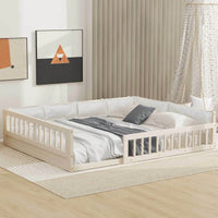 Full Size Upholstered Platform Bed With Guardrail And Pillow For Enhanced Comfort And Safety Beige