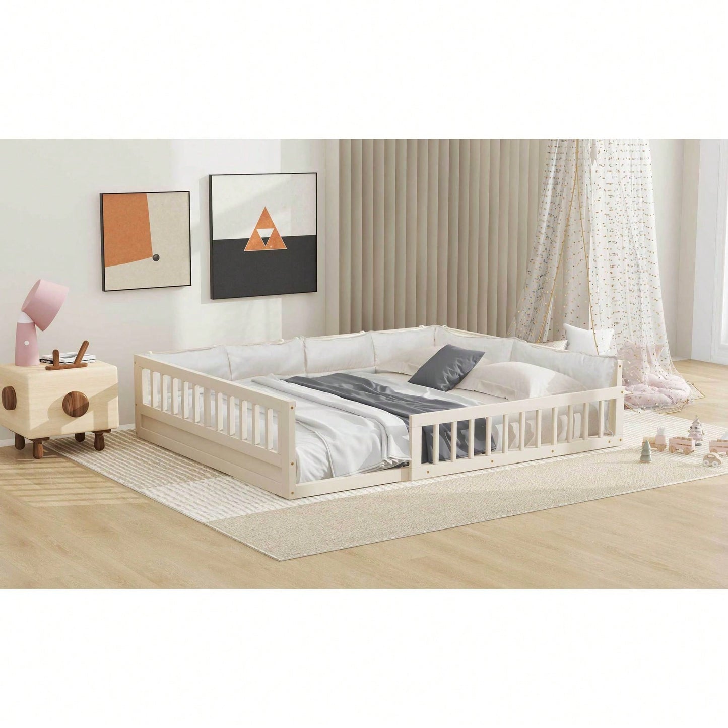 Full Size Upholstered Platform Bed With Guardrail And Pillow For Enhanced Comfort And Safety Beige