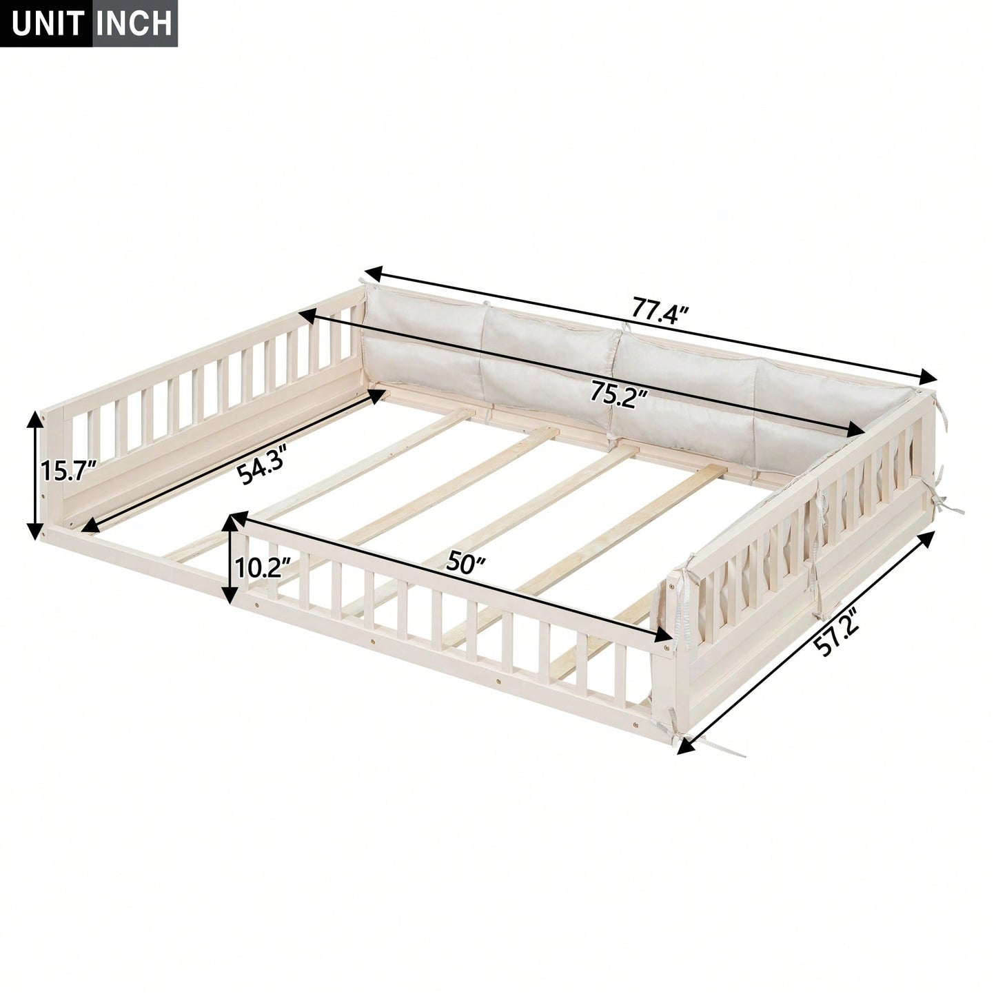 Full Size Upholstered Platform Bed With Guardrail And Pillow For Enhanced Comfort And Safety Beige