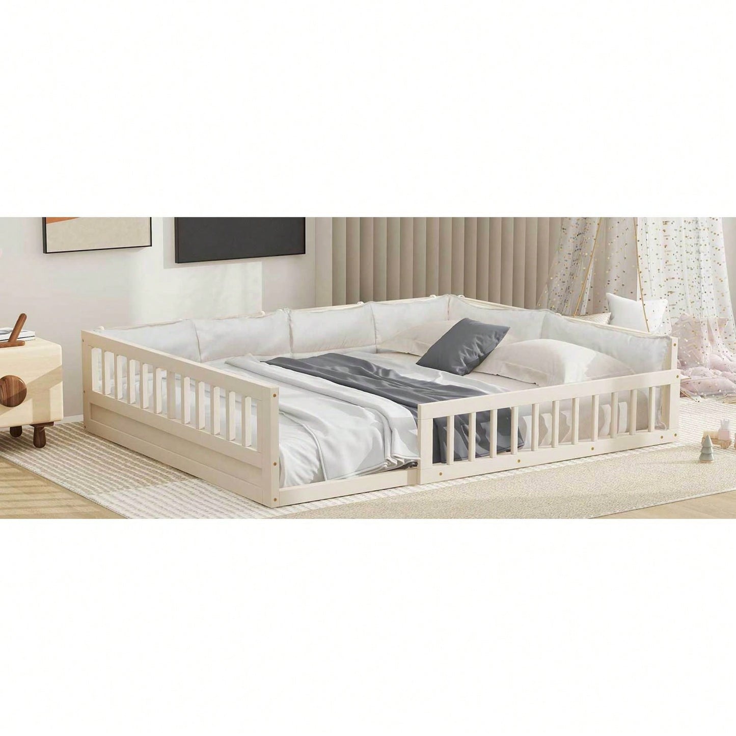 Full Size Upholstered Platform Bed With Guardrail And Pillow For Enhanced Comfort And Safety Beige