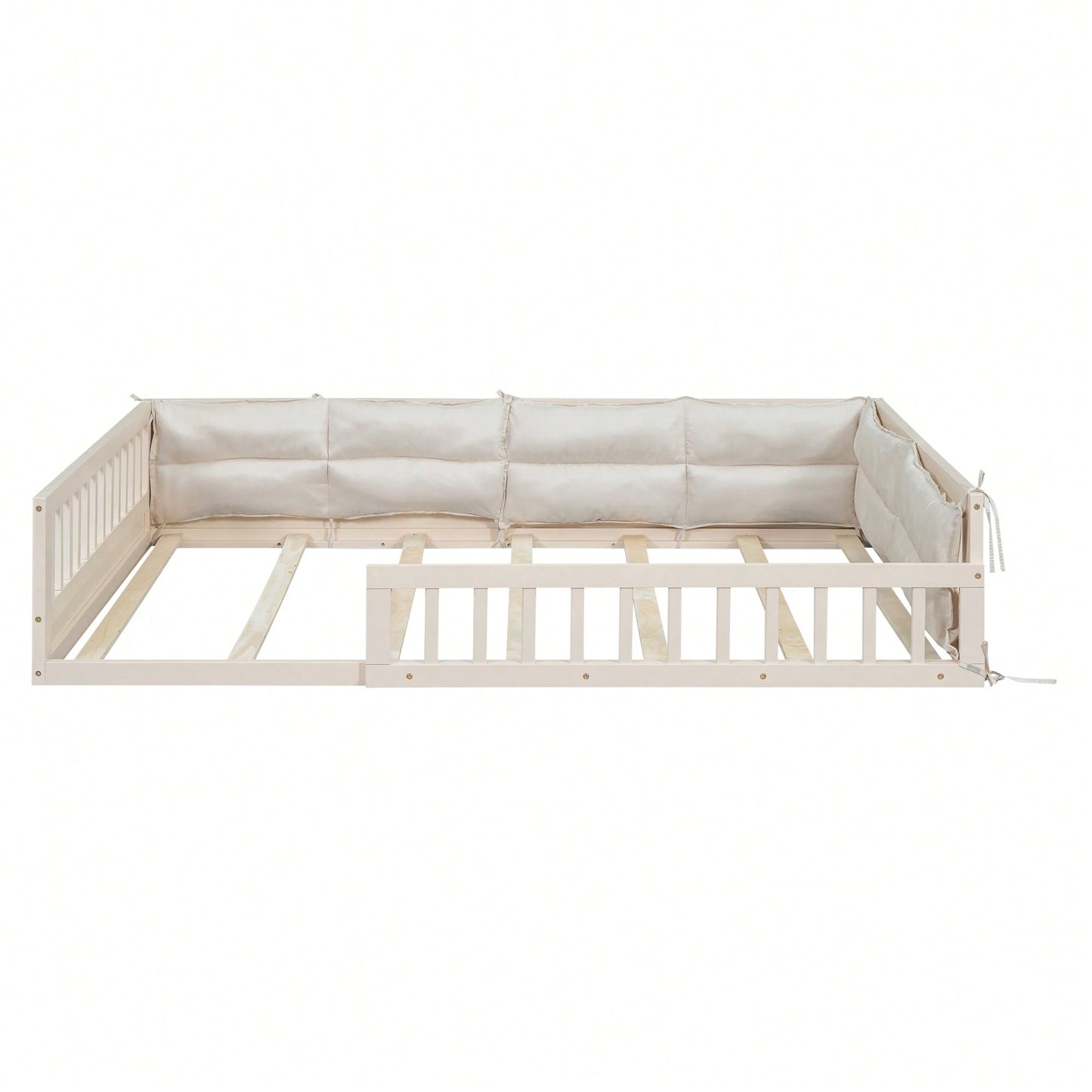 Full Size Upholstered Platform Bed With Guardrail And Pillow For Enhanced Comfort And Safety Beige