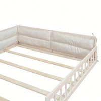 Full Size Upholstered Platform Bed With Guardrail And Pillow For Enhanced Comfort And Safety Beige