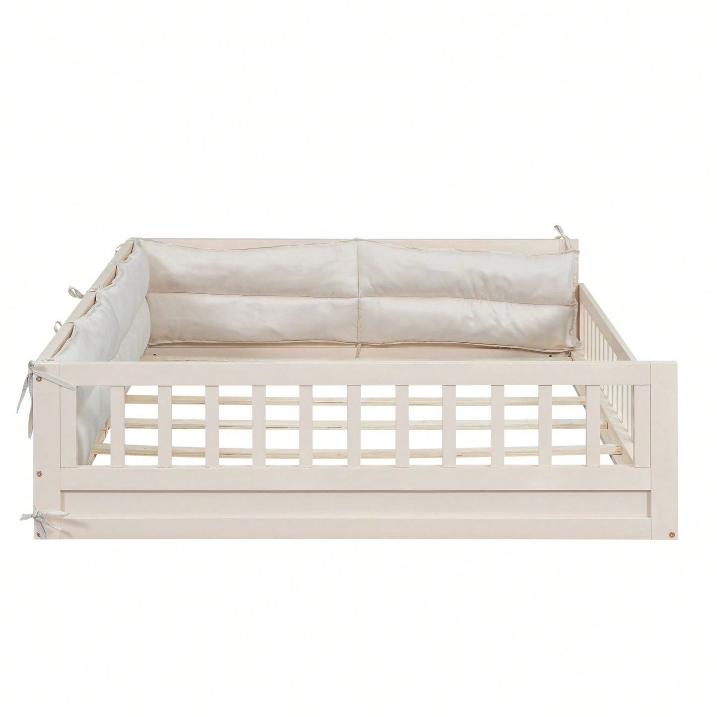 Full Size Upholstered Platform Bed With Guardrail And Pillow For Enhanced Comfort And Safety Beige