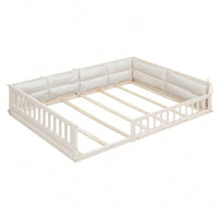 Full Size Upholstered Platform Bed With Guardrail And Pillow For Enhanced Comfort And Safety Beige