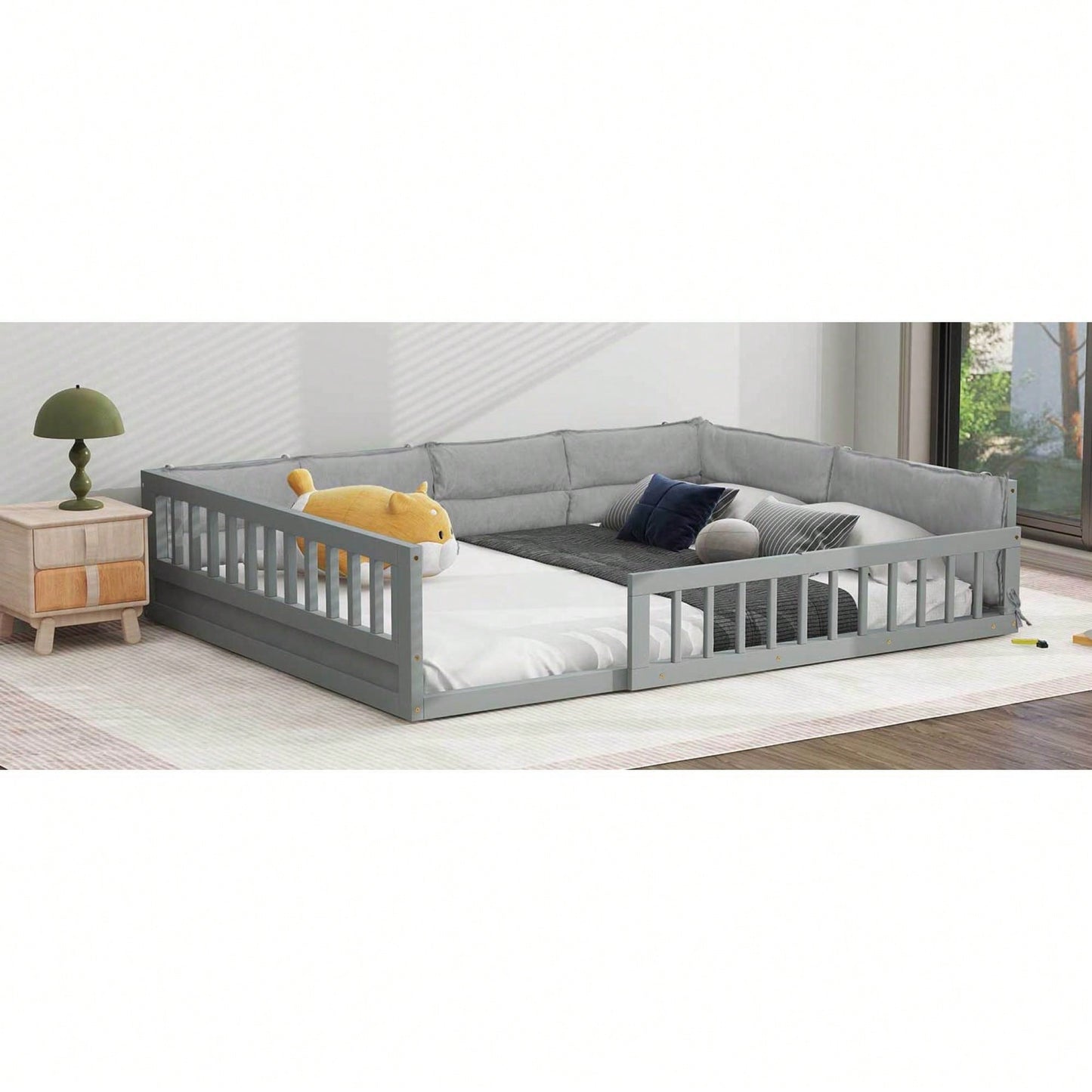 Full Size Upholstered Platform Bed With Guardrail And Pillow For Enhanced Comfort And Safety Beige