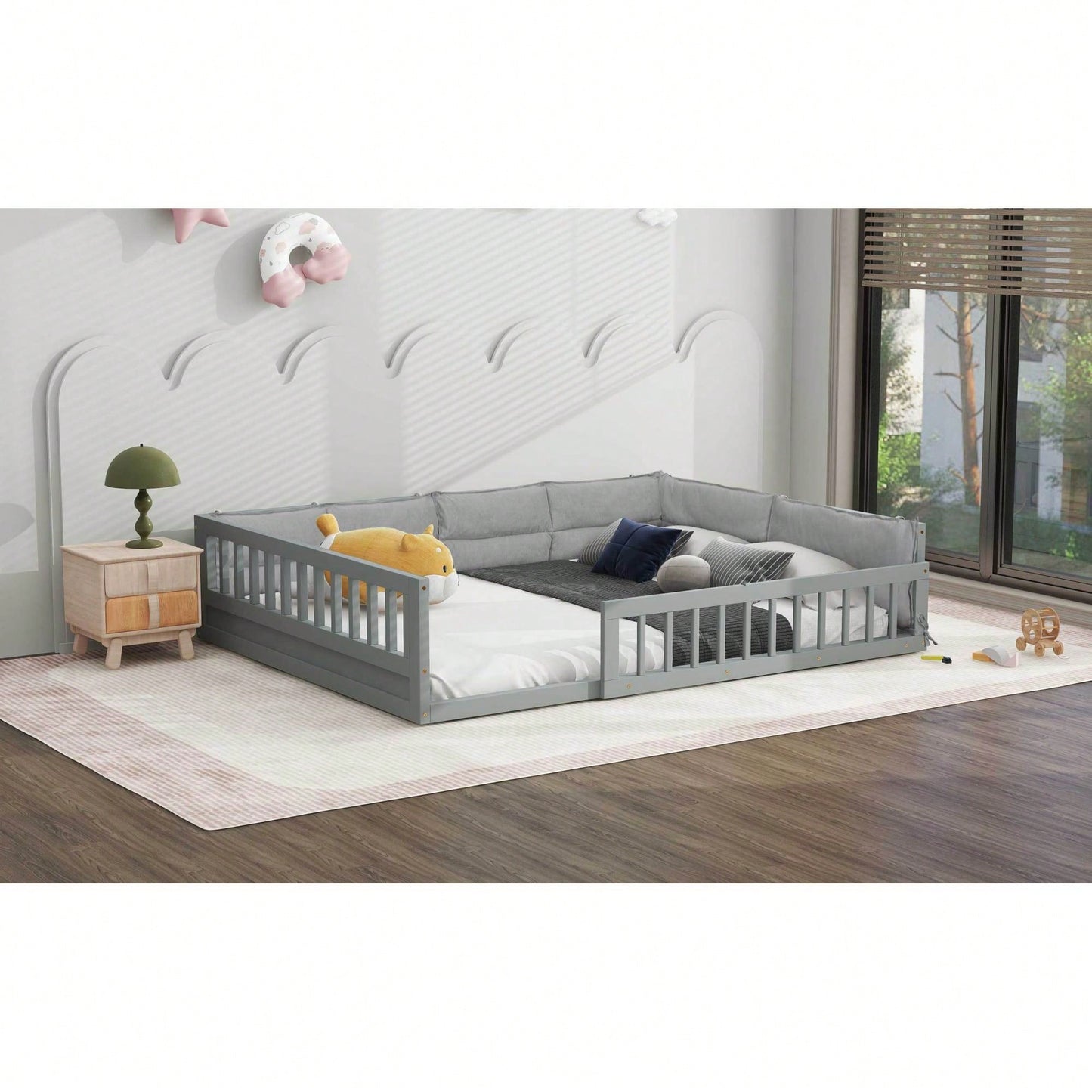 Full Size Upholstered Platform Bed With Guardrail And Pillow For Enhanced Comfort And Safety Beige