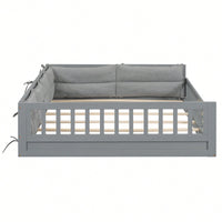 Full Size Upholstered Platform Bed With Guardrail And Pillow For Enhanced Comfort And Safety Beige