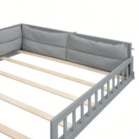 Full Size Upholstered Platform Bed With Guardrail And Pillow For Enhanced Comfort And Safety Beige