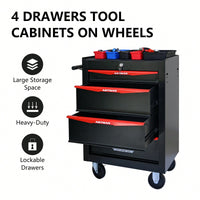 Rolling 20 Inch Metal Tool Chest With 4 Drawers And Ball Bearing Slides - Durable Steel Storage Organizer In Black And Red