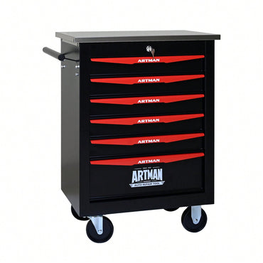 Multifunctional Rolling Tool Cart With 6 Drawers And Wheels For Garage Workshop Storage - Metal Tool Organizer With Stainless Steel Top In Black And Red