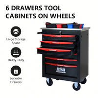 Multifunctional Rolling Tool Cart With 6 Drawers And Wheels For Garage Workshop Storage - Metal Tool Organizer With Stainless Steel Top In Black And Red
