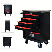 Multifunctional Rolling Tool Cart With 6 Drawers And Wheels For Garage Workshop Storage - Metal Tool Organizer With Stainless Steel Top In Black And Red