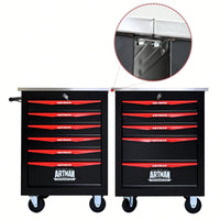 Multifunctional Rolling Tool Cart With 6 Drawers And Wheels For Garage Workshop Storage - Metal Tool Organizer With Stainless Steel Top In Black And Red