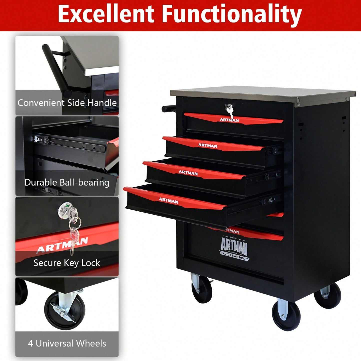 Multifunctional Rolling Tool Cart With 6 Drawers And Wheels For Garage Workshop Storage - Metal Tool Organizer With Stainless Steel Top In Black And Red