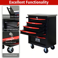 Multifunctional Rolling Tool Cart With 6 Drawers And Wheels For Garage Workshop Storage - Metal Tool Organizer With Stainless Steel Top In Black And Red