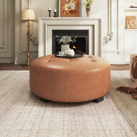 Upholstered Button Tufted Round Ottoman For Stylish Home Decor Orange Brown