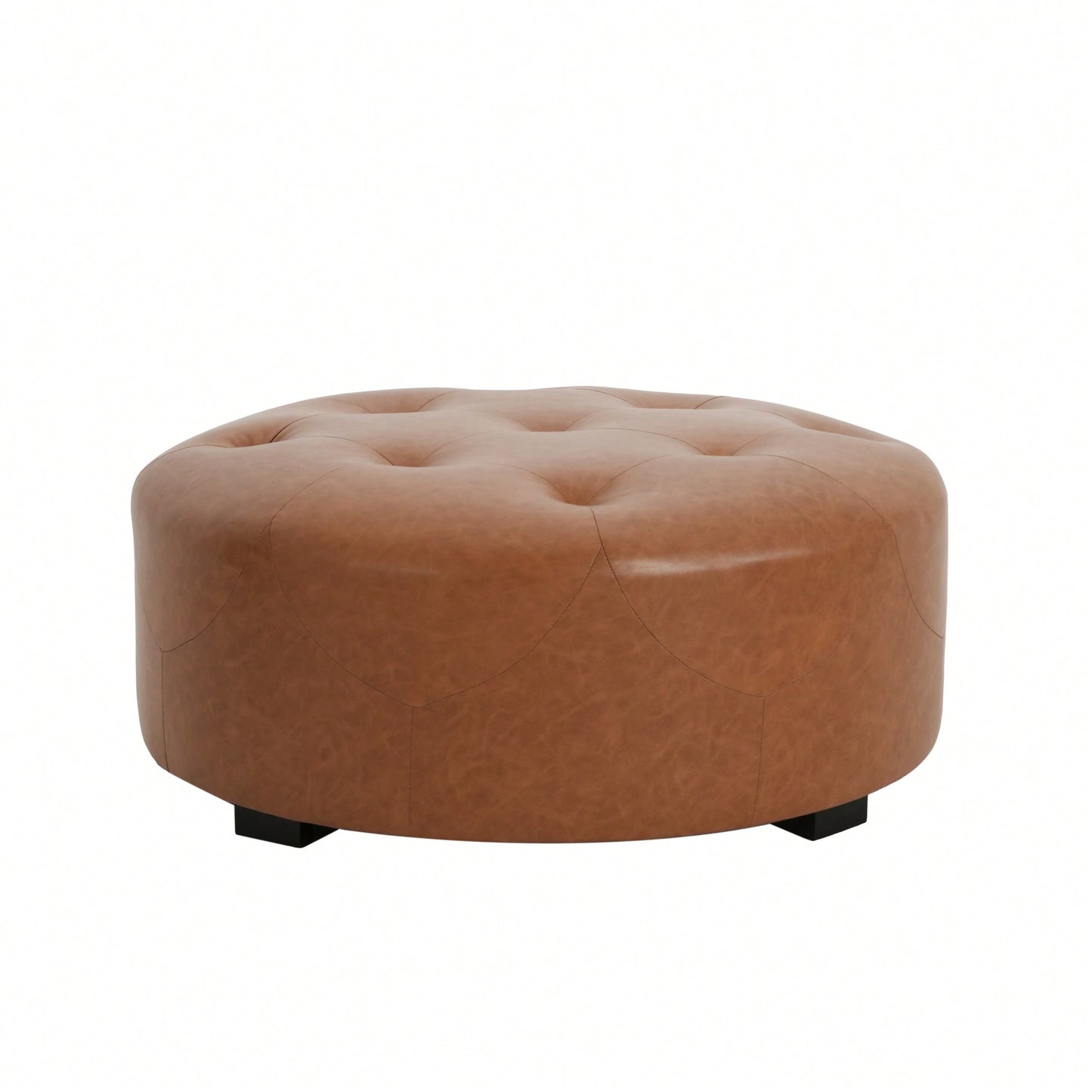 Upholstered Button Tufted Round Ottoman For Stylish Home Decor Orange Brown
