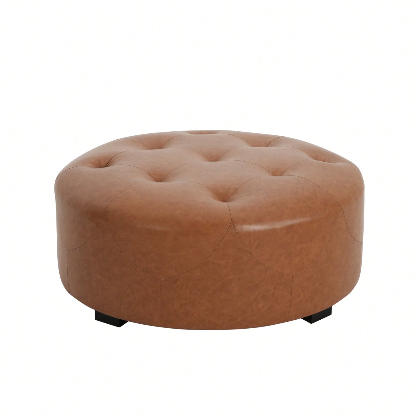 Upholstered Button Tufted Round Ottoman For Stylish Home Decor Orange Brown