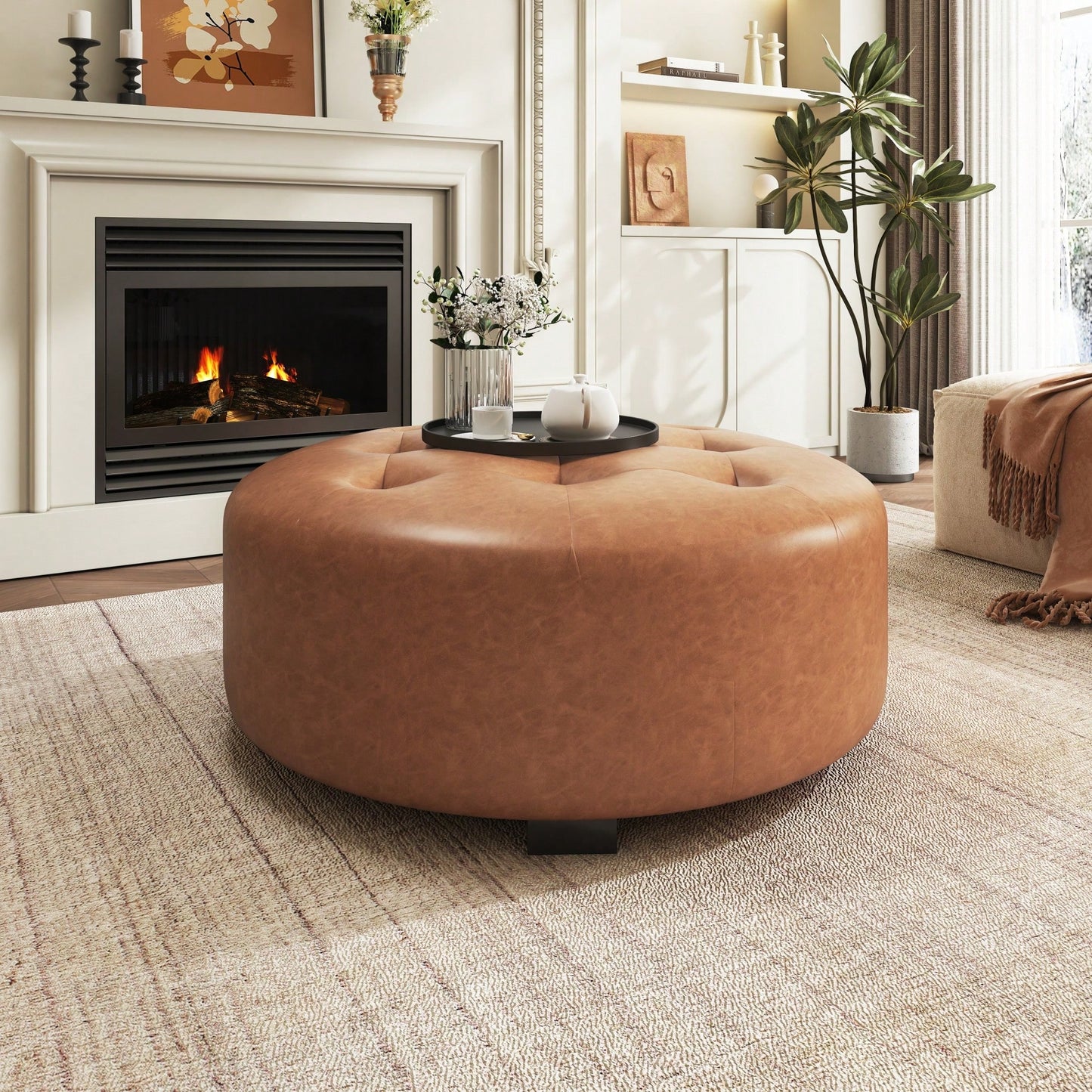 Upholstered Button Tufted Round Ottoman For Stylish Home Decor Orange Brown