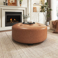 Upholstered Button Tufted Round Ottoman For Stylish Home Decor Orange Brown