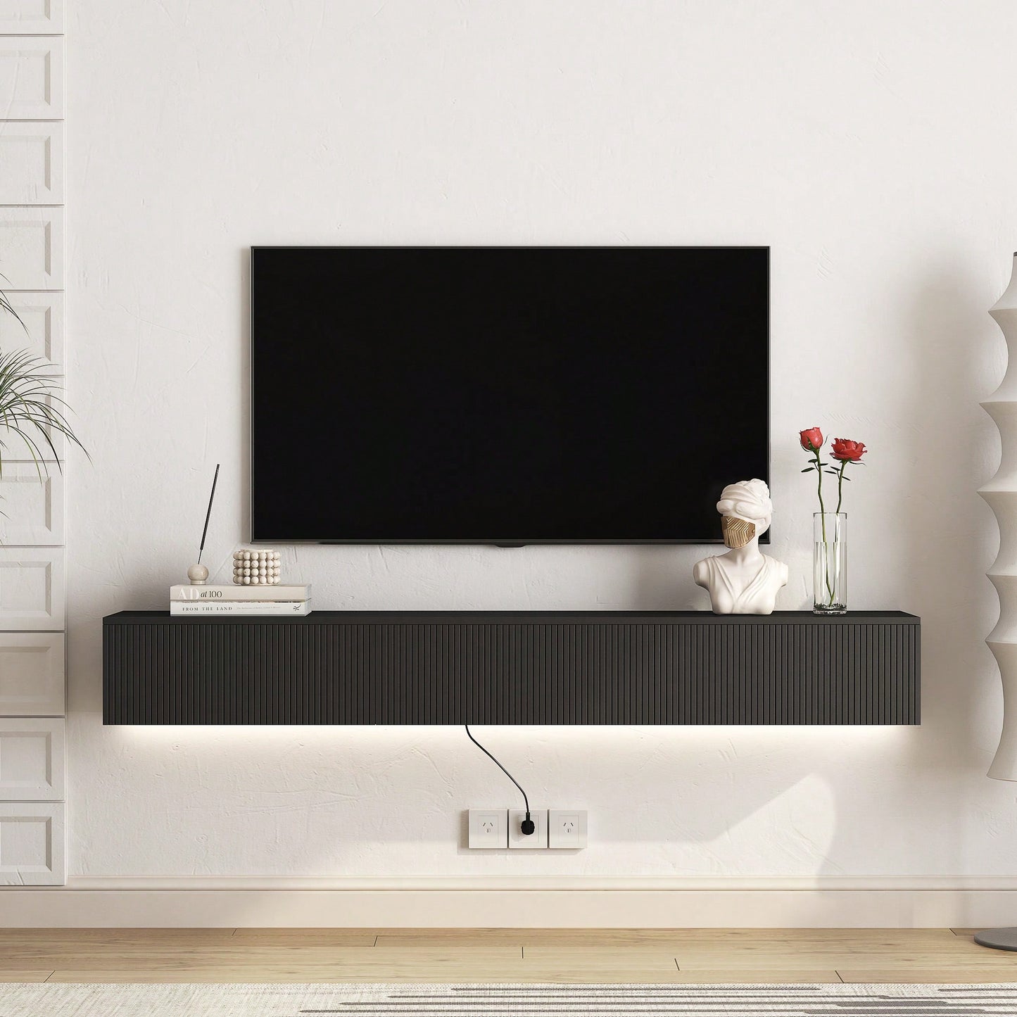 Modern Floating TV Stand With 16 Color LED Lights For 55 To 65 Inch TVs, Wall Mounted Entertainment Center In Black