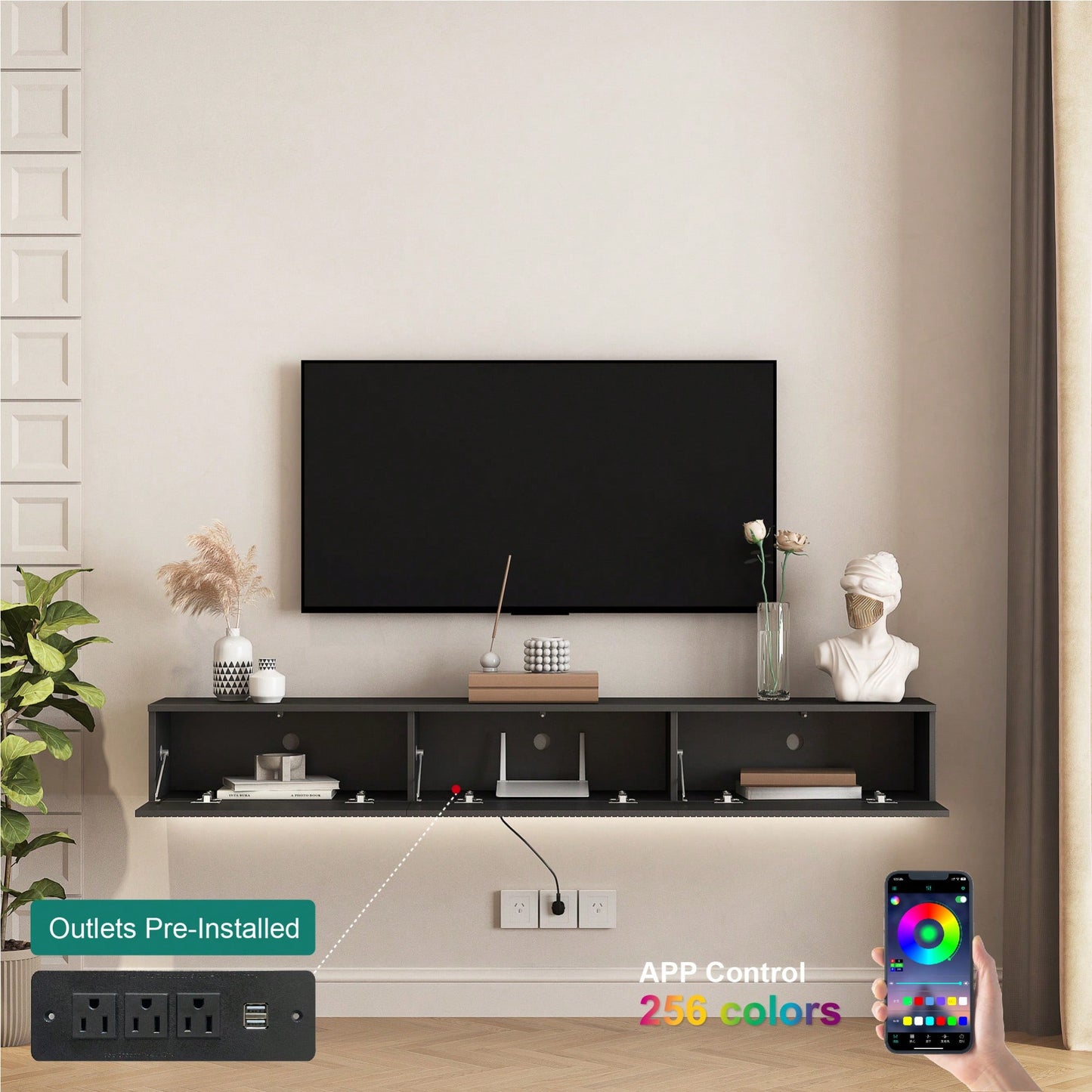 Modern Floating TV Stand With 16 Color LED Lights For 55 To 65 Inch TVs, Wall Mounted Entertainment Center In Black