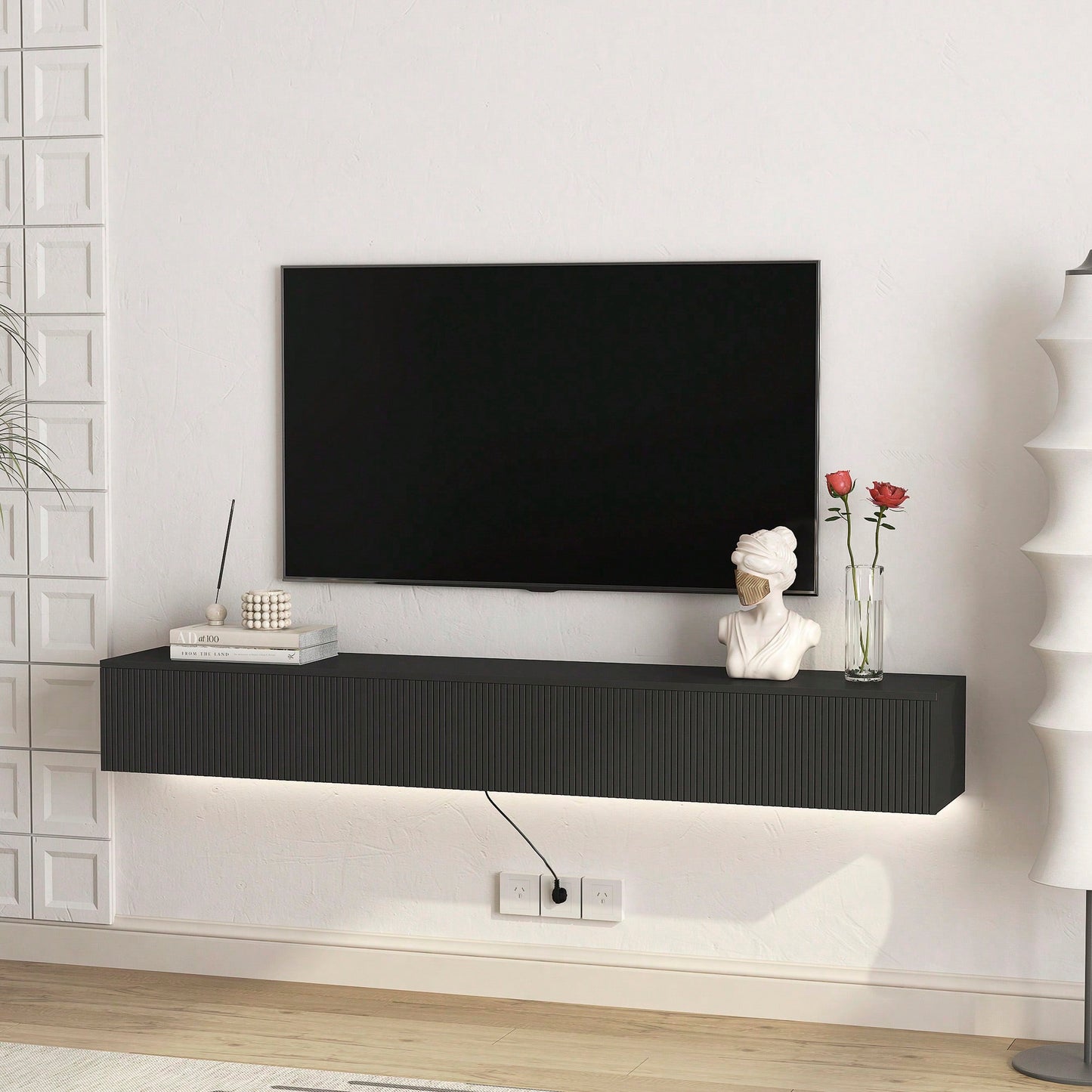 Modern Floating TV Stand With 16 Color LED Lights For 55 To 65 Inch TVs, Wall Mounted Entertainment Center In Black