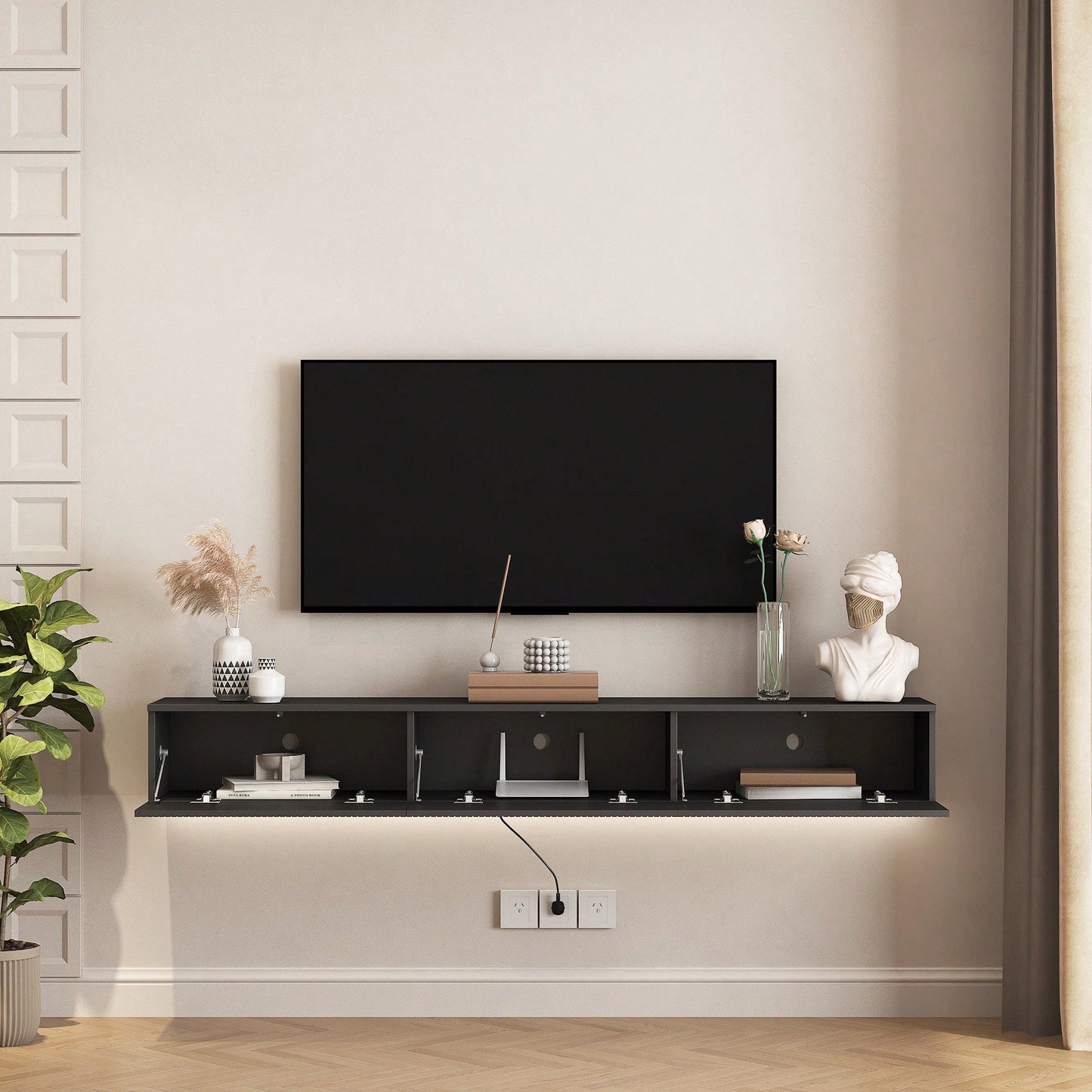 Modern Floating TV Stand With 16 Color LED Lights For 55 To 65 Inch TVs, Wall Mounted Entertainment Center In Black