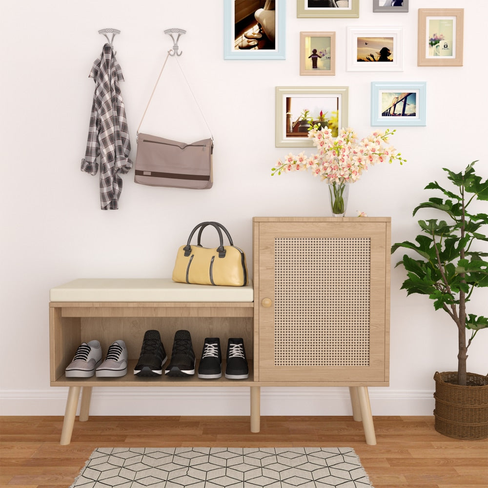 Natural Rattan Shoe Storage Bench With Adjustable Shelves And Removable Cushion For Modern Entryway Organization