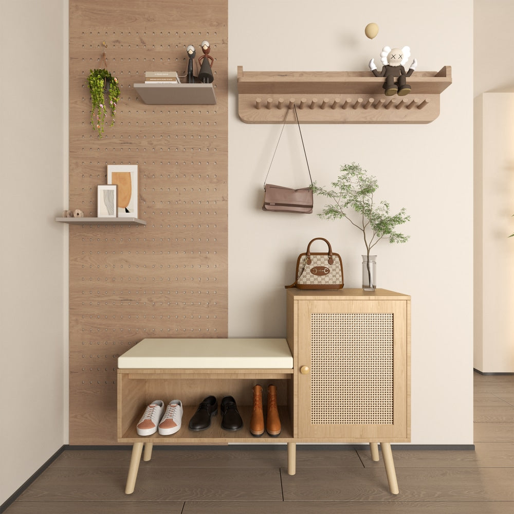 Natural Rattan Shoe Storage Bench With Adjustable Shelves And Removable Cushion For Modern Entryway Organization