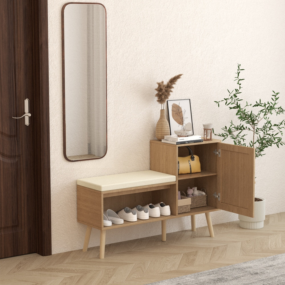 Natural Rattan Shoe Storage Bench With Adjustable Shelves And Removable Cushion For Modern Entryway Organization